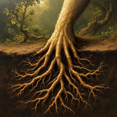 The primary subject of the image is a large tree root, which is the main object, scene, or focus of the image. The setting/background features a forest, with trees and plants surrounding the root. The visual style of the image is a painting, which gives it a more artistic and detailed appearance. The colors and mood of the painting are warm and earthy, with the root and surrounding environment depicted in shades of brown and green.